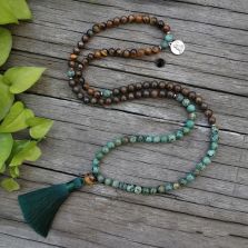 108 Natural Tiger Eye, Bronzite & African Turquoise Mala Beads
