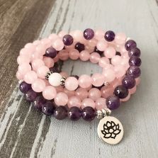108 Bead Amethyst & Rose Quartz Mala Bracelet – with Spiritual Charm