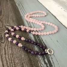 108 Bead Amethyst &amp; Rose Quartz Mala Bracelet – with Spiritual Charm