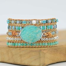 Amazonite 5-Layer Leather Wrap Gemstone Bracelet