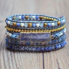 Blue Topaz &amp; Healing Gemstone 5-Layer Leather Wrap Bracelet