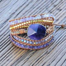 Natural Amethyst 5-Layer Leather Wrap Bracelet