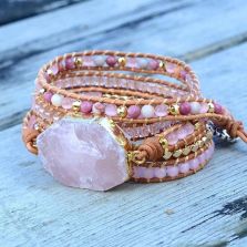 Rose Quartz & Rhodonite Heart Chakra Leather Wrap Bracelet