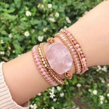 Rose Quartz &amp; Rhodonite Heart Chakra Leather Wrap Bracelet