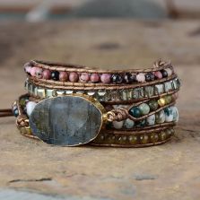 Labradorite, Rhodochrosite & Moss Agate 5-Layer Chakra Wrap Bracelet