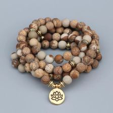 108 Natural Matte Picture Jasper Mala Bead Bracelet – Meditation Necklace with Lotus, Buddha or Ohm Charm