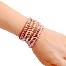 Natural Rose Quartz, Yellow Onyx &amp; Rhodonite Leather Wrap Bracelet – 5 Layer Adjustable