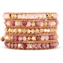 Natural Rose Quartz, Yellow Onyx & Rhodonite Leather Wrap Bracelet – 5 Layer Adjustable