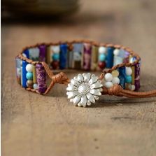 Handmade Natural Gemstone Sunflower Leather Wrap Bracelet – Adjustable Healing Jewelry