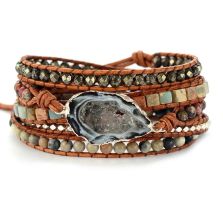 Handmade Jasper & Agate Druzy Leather Wrap Bracelet – 5 Layer Adjustable Gemstone Jewelry