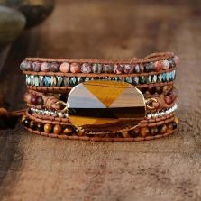 Natural Tiger Eye & Jasper Beaded Wrap Bracelet – 5 Layer Adjustable Healing Jewelry