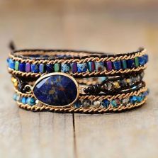 Natural Blue Sodalite &amp; Jasper Wrap Bracelet – Handmade Leather Healing Jewelry