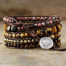 Natural Tiger Eye &amp; Rhodonite Wrap Bracelet – 5 Layer Handmade Gemstone Jewelry
