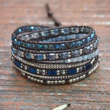 Handmade Crystal &amp; Hematite Blue Wrap Bracelet – 5 Layer Vegan Cord Healing Jewelry
