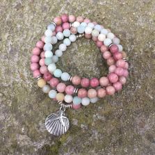 108 Matte Amazonite &amp; Rhodonite Mala Beads – Handmade Meditation Necklace/Bracelet with Seashell Charm