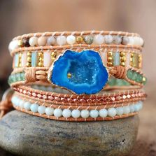 Handmade Jasper, Aventurine & Amazonite Druzy Leather Wrap Bracelet – 32.5" Adjustable