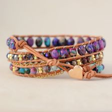Handmade Purple &amp; Turquoise Jasper Heart Wrap Bracelet – Genuine Leather, Adjustable