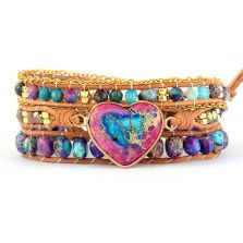 Handmade Purple & Turquoise Jasper Heart Wrap Bracelet – Genuine Leather, Adjustable