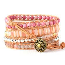 Natural Rose Quartz, Rhodonite &amp; Sunstone Leather Wrap Bracelet – Handmade Chakra Jewelry