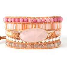 Natural Rose Quartz, Rhodonite & Sunstone Leather Wrap Bracelet – Handmade Chakra Jewelry