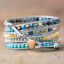 Turquoise Heart &amp; Imperial Jasper 5-Wrap Beaded Bracelet - Handmade