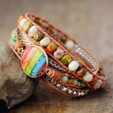 Vibrant Rainbow Imperial Jasper 5x Wrap Bracelet - Handmade Leather Jewelry