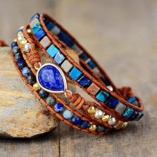 Primary Choice: Natural Lapis Lazuli &amp; Imperial Jasper 3-Wrap Bracelet - Handmade Leather Jewelry