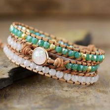 Primary Choice: Handmade White Opal &amp; Mint Crystal 3-Layer Wrap Bracelet - Genuine Leather