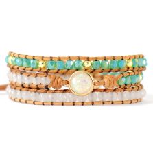 Primary Choice: Handmade White Opal & Mint Crystal 3-Layer Wrap Bracelet - Genuine Leather