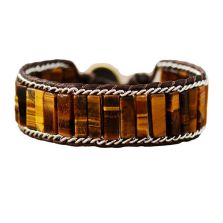 Primary Choice: Natural Tiger Eye Stone Leather Wrap Bracelet - Handmade Rectangular Bead Cuff