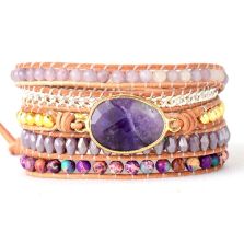 Primary Choice: Natural Amethyst 5-Wrap Bracelet - Handmade Layered Leather Cuff with Imperial Jasper