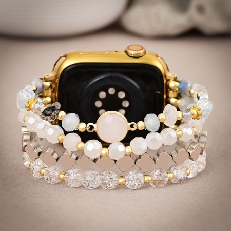 White Crystal Glow Beaded Apple Watch Band with Clover Charms