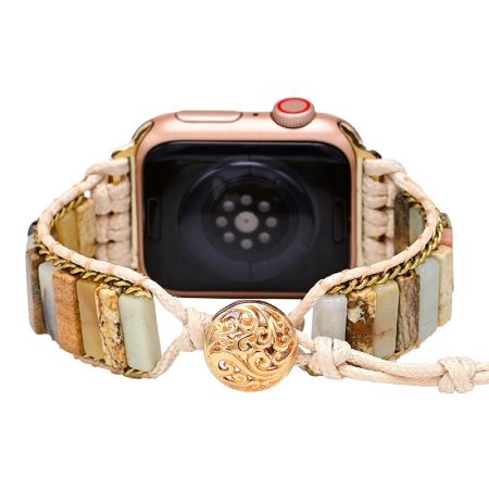 Boho Braided Apple Watch Band – Picture Stone & Amazonite Beaded iWatch Strap, Handmade Adjustable Bracelet for Apple Watch Series 9 8 7 6 5 4 3 SE