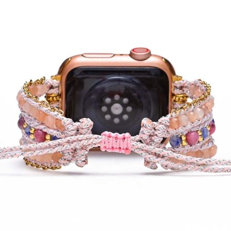 Bohemian Pink Sunstone & Rhodochrosite Apple Watch Band – Handmade Natural Stone Bracelet Strap for Apple Watch Series 9/8/7/6/5/4/3/2/1/SE/Ultra