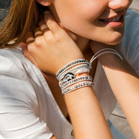 White Labradorite Wrap Bracelet – Handmade White Leather Healing Crystal Bracelet with Zebra Jasper Druzy