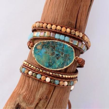 Handmade Natural Ocean Jasper Leather Wrap Bracelet – 5-Layer Chakra Healing Jewelry