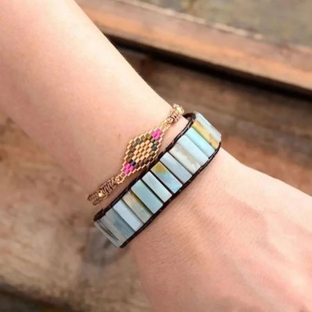 Natural Amazonite Stone & Leather Tree of Life Bracelet