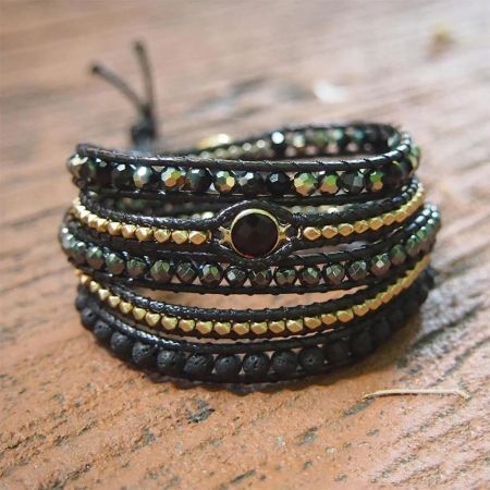 Handmade Natural Black Lava Stone & Hematite Wrap Bracelet