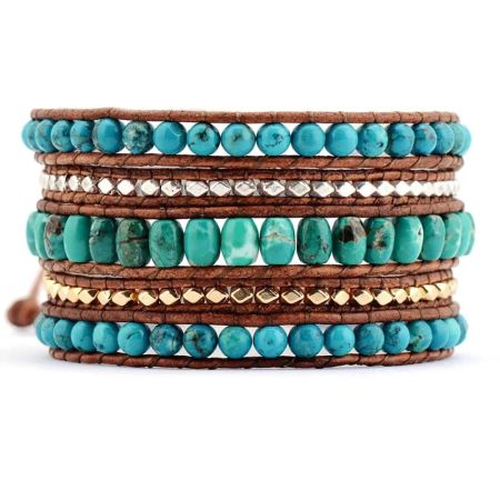 Turquoise 5-Layer Leather Wrap Gemstone Bracelet