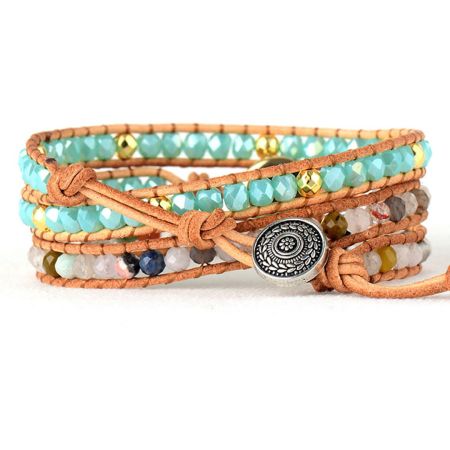 Clear Quartz, Agate & Opal Rhinestone Leather Wrap Bracelet