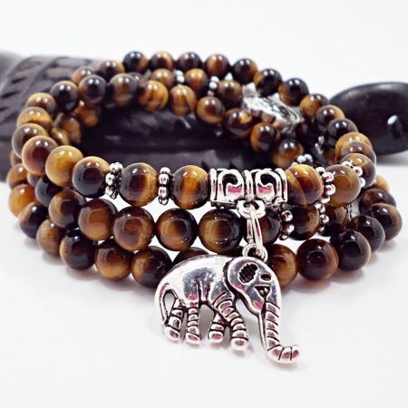 Multi-Layer Tiger Eye Beaded Bracelet with Elephant Charm