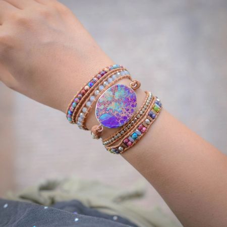 Purple & Turquoise Jasper Adjustable Leather Wrap Bracelet