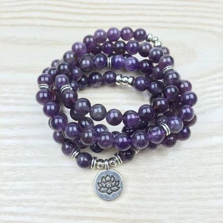 108 Bead Amethyst Mala Bracelet – with Spiritual Charm