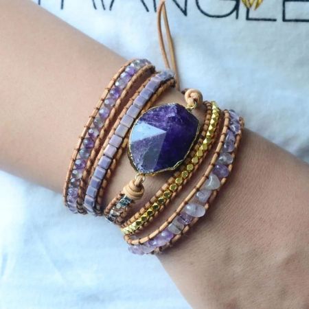 Natural Amethyst 5-Layer Leather Wrap Bracelet