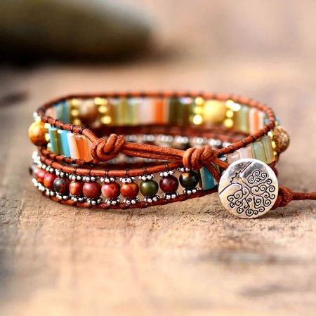 Jasper & Crystal Boho Leather Wrap Bracelet