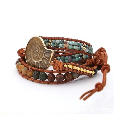 African Turquoise, Jasper & Ammonite Leather Wrap Bracelet