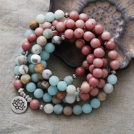 Amazonite & Rhodonite 108 Mala Prayer Bead Bracelet