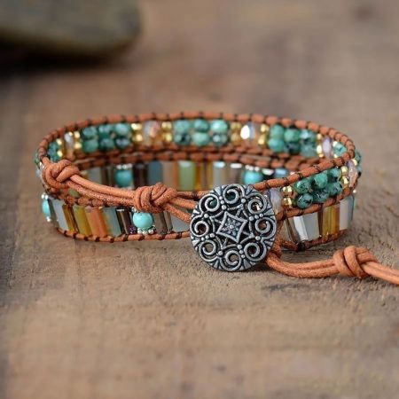 Jade & Crystal Boho Leather Wrap Bracelet