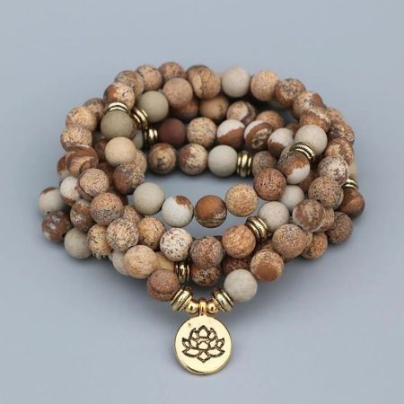 108 Natural Matte Picture Jasper Mala Bead Bracelet – Meditation Necklace with Lotus, Buddha or Ohm Charm