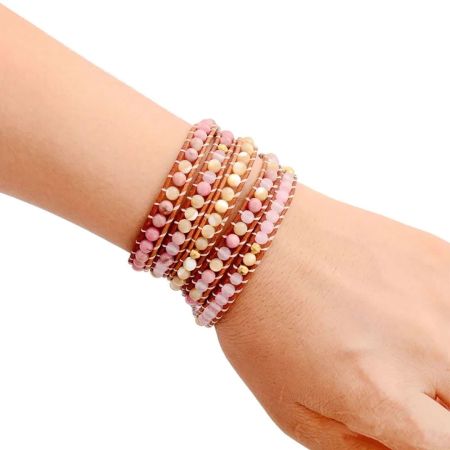 Natural Rose Quartz, Yellow Onyx & Rhodonite Leather Wrap Bracelet – 5 Layer Adjustable